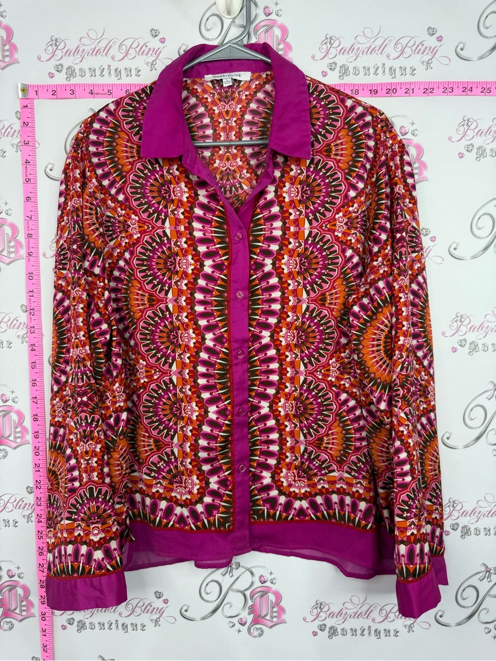 Rose olive shirt paisley Women's Printed Button-Up Blouse in Fuchsia Pink
